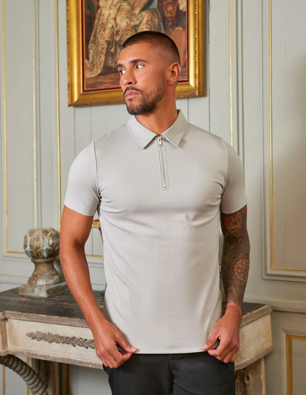 BELIER S/S PREMIUM ZIP POLO - PEBBLE